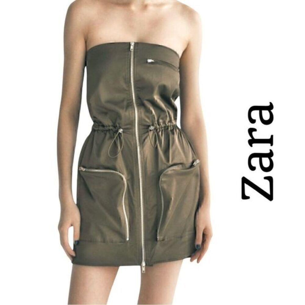 ZARA  Strapless Utility Dress in Dark Khaki Sz S NWT